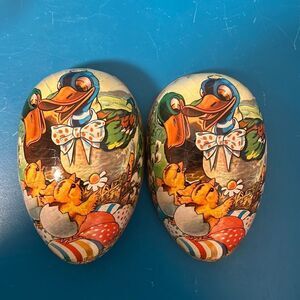 Vintage German Paper Mache 5" Easter Egg Nesting Hollow Toile Lined Ducks